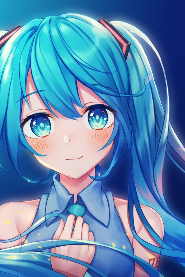 Girl with blue hair Miku Hatsune anime Vocaloid on a blue background