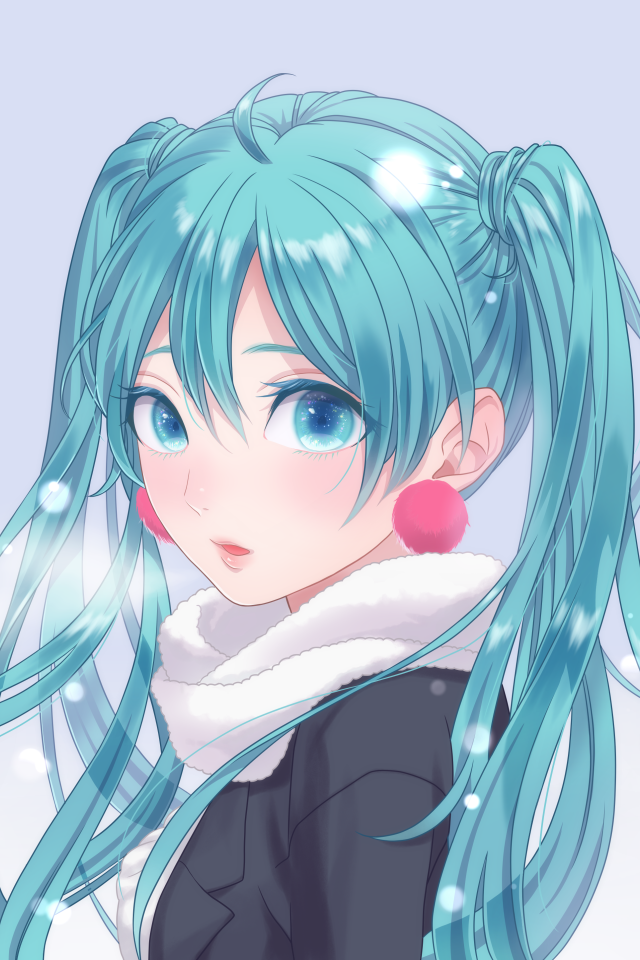 Девушка аниме Мику Хацунэ с голубыми волосами зимой
