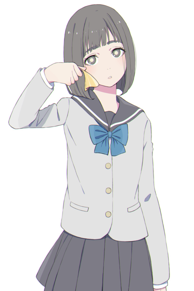 Грустная девушка аниме с форме на белом фоне