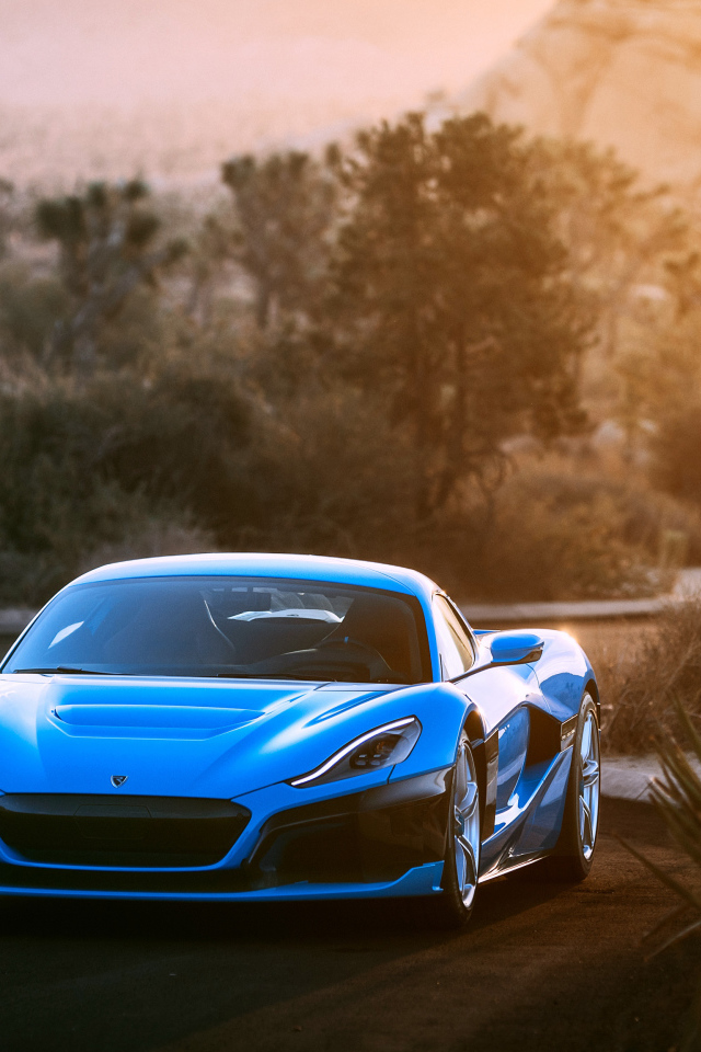 Синий спортивный автомобиль Rimac C Two California Edition вид спереди