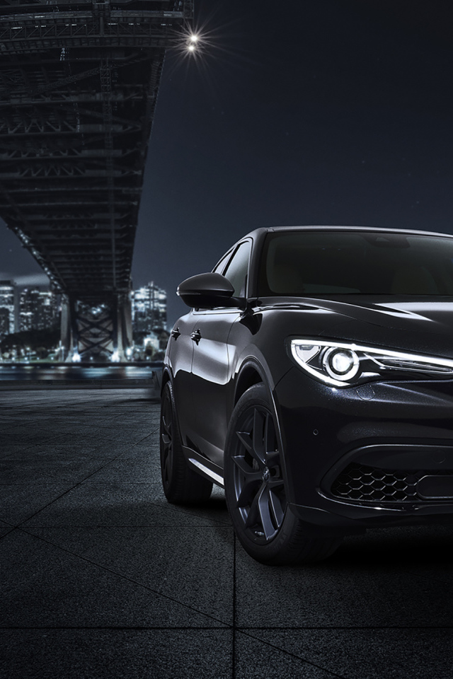 Черный автомобиль Alfa Romeo, 2019 года под мостом 