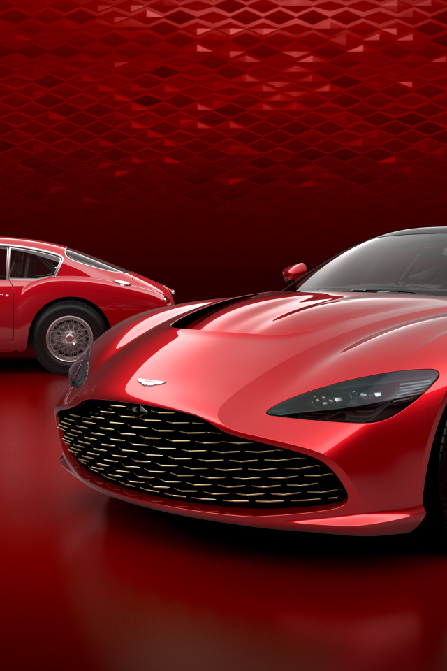 Красный дорогой автомобиль Aston Martin DBS GT Zagato 2019 года на красном фоне