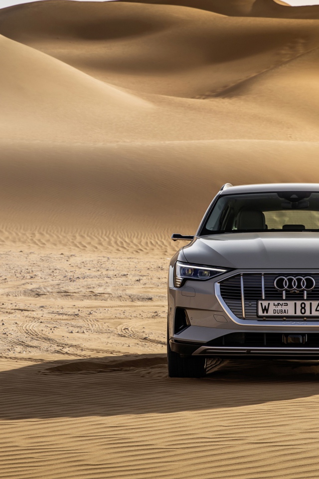 Серебристый автомобиль Audi E-tron Quattro в пустыни