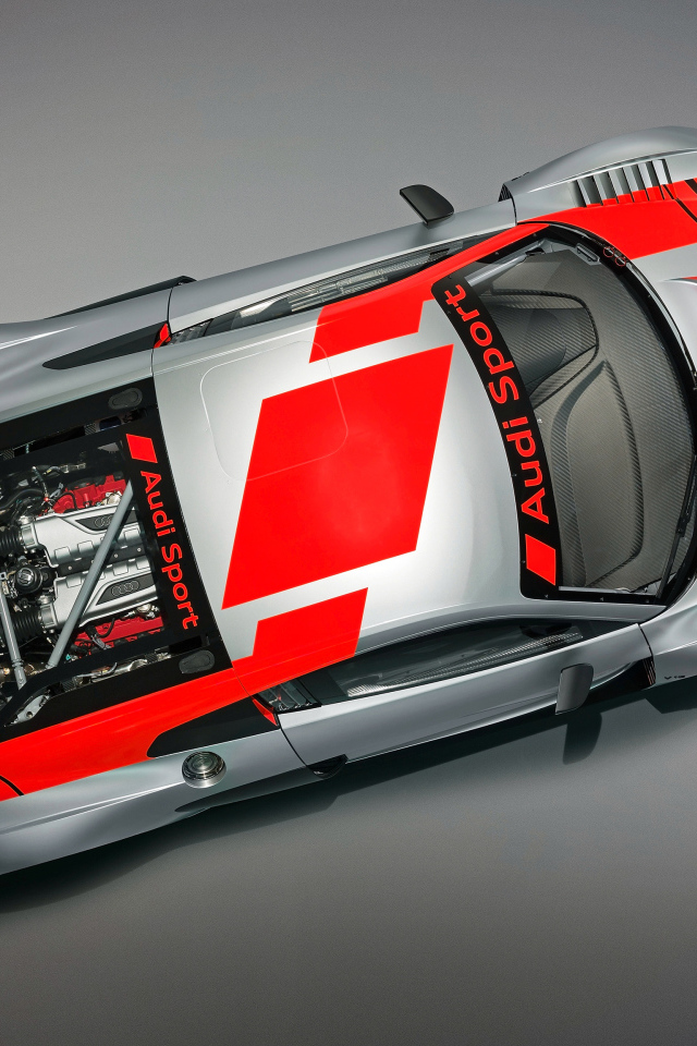 Спортивный автомобиль Audi R8 LMS 2019  года на сером фоне вид сверху
