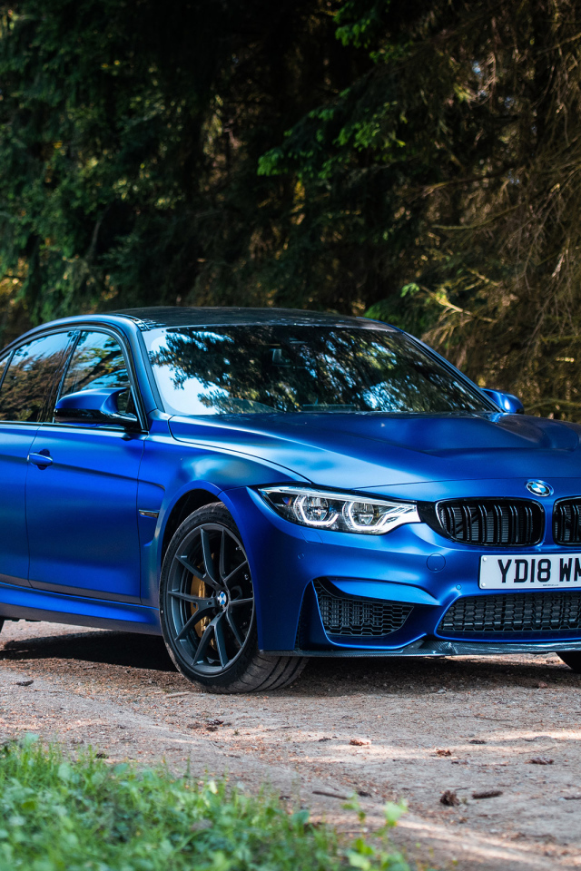Синий автомобиль BMW M3 на фоне деревьев