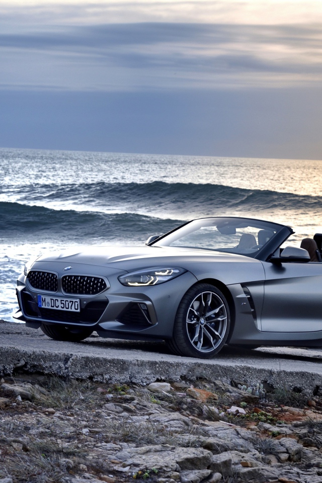 Серебристый кабриолет BMW Z4 на фоне океана
