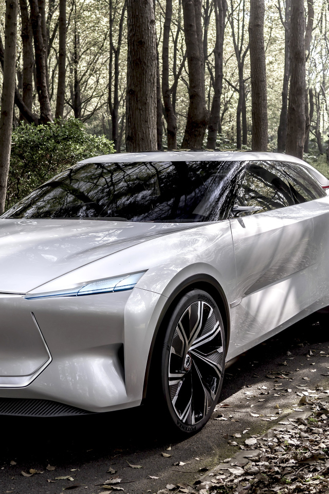 Серебристый автомобиль Infiniti Qs Inspiration 2019 года в лесу