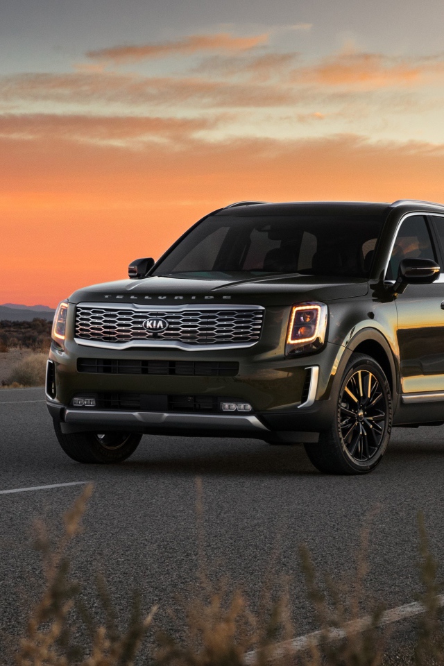 Черный внедорожник Kia Telluride, 2020 года на фоне заката 