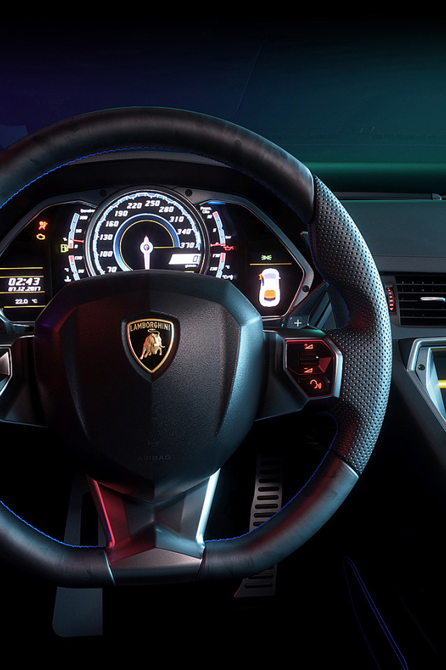 Black leather steering wheel car Lamborghini Aventador CGI