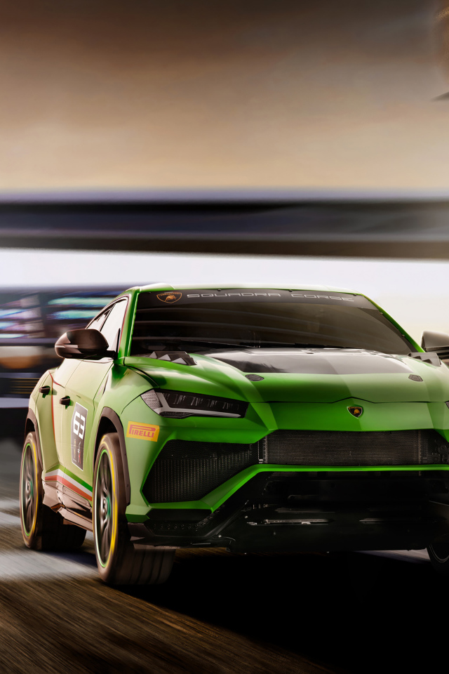 Зеленый внедорожник Lamborghini Urus ST-X Concept 2019 года на дороге