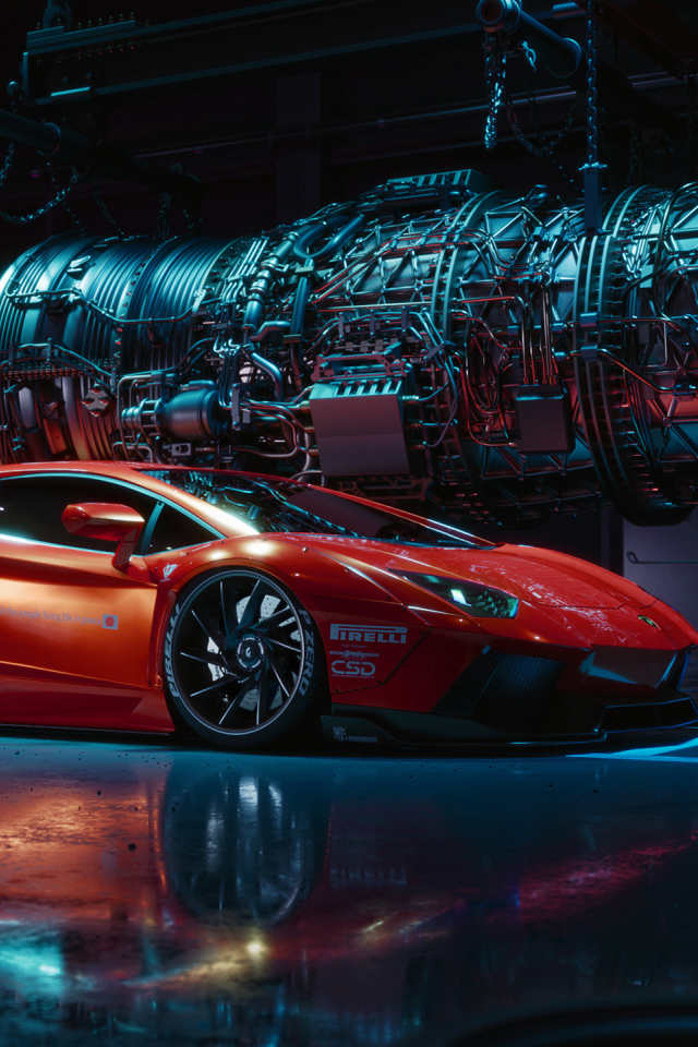 Красный спортивный автомобиль Lamborghini Aventador в бункере