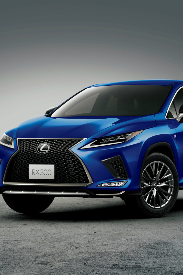 Синий автомобиль Lexus RX 300 F SPORT 2019 года на сером фоне