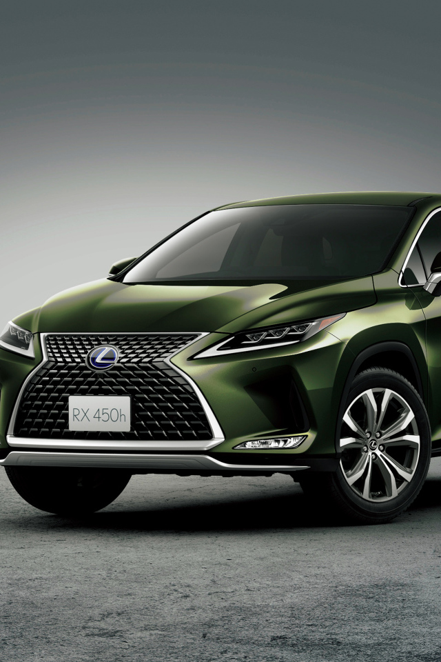Зеленый автомобиль Lexus RX 450h 2019 года на сером фоне