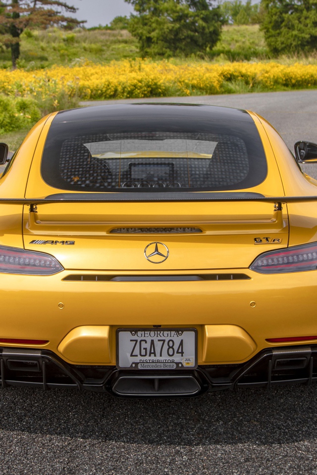 Желтый автомобиль  Mercedes-AMG GT R, 2020 года вид сзади