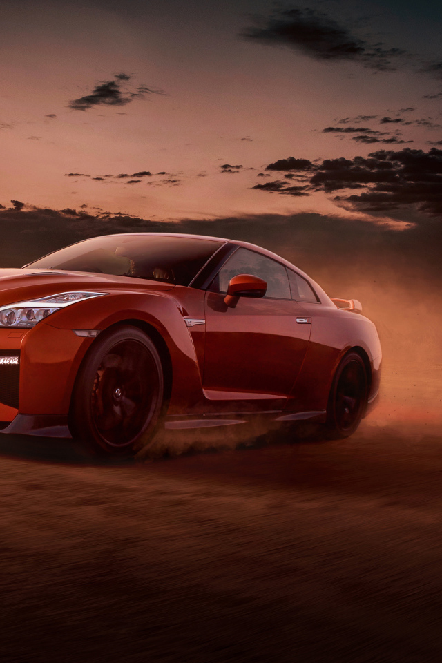 Красный автомобиль Nissan GT-R вечером