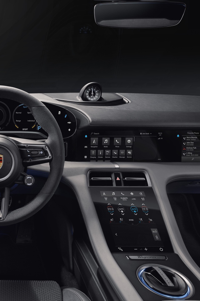 Black leather interior of the 2019 Porsche Taycan Turbo