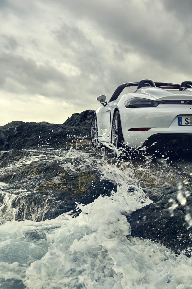 Автомобиль Porsche 718 Spyder, 2019 года стоит у воды