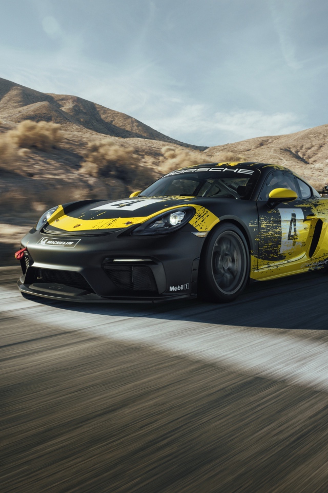 Спортивный автомобиль Porsche Cayman GT4 на трассе 