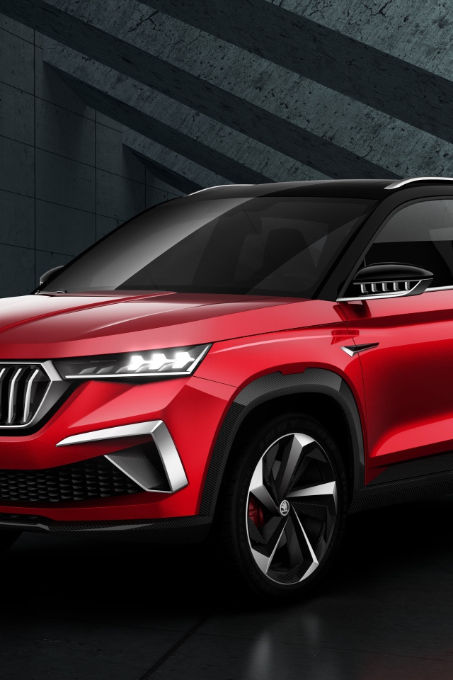 Red Skoda Vision GT 2019 SUV on a gray background