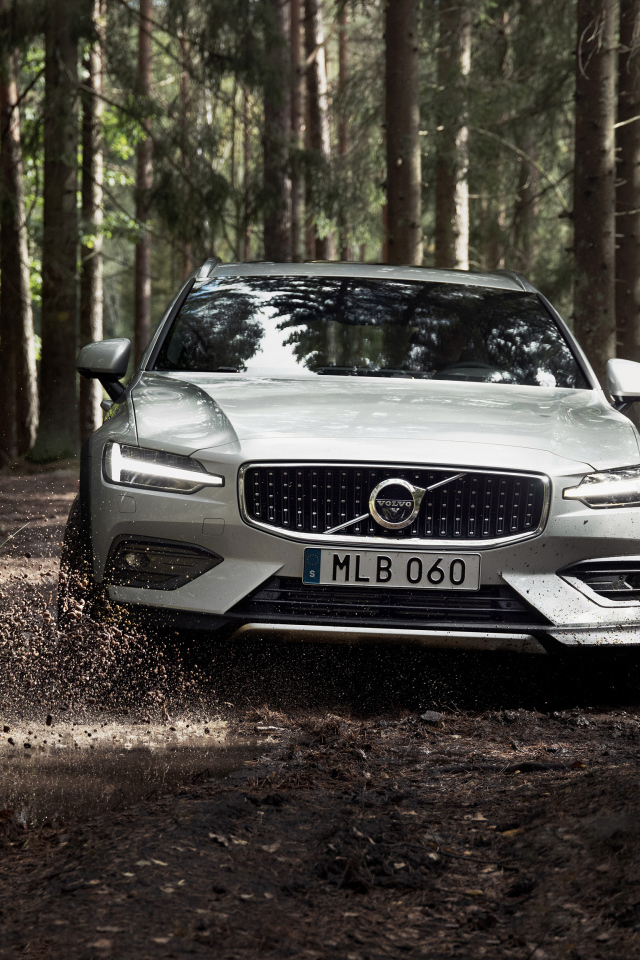 Серебристый автомобиль Volvo V60 T5 едет по грязной лесной дороге 