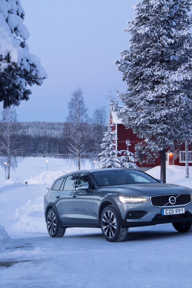 Автомобиль Volvo V60 на фоне заснеженных деревьев 