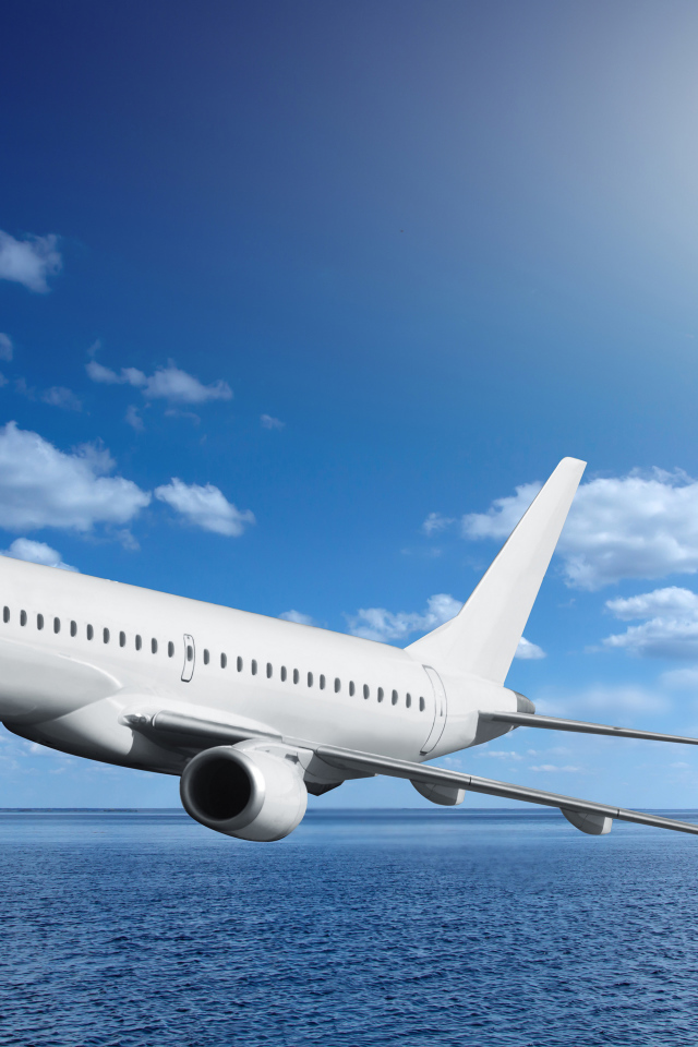 Большой белый пассажирский самолет летит над морем