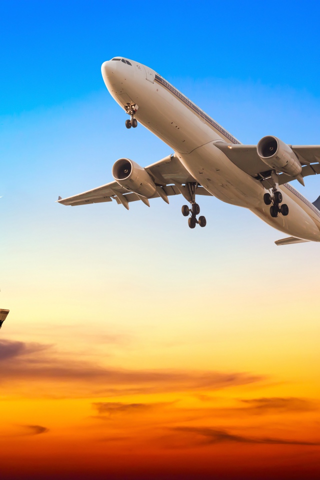 Самолет в небе над телебашней