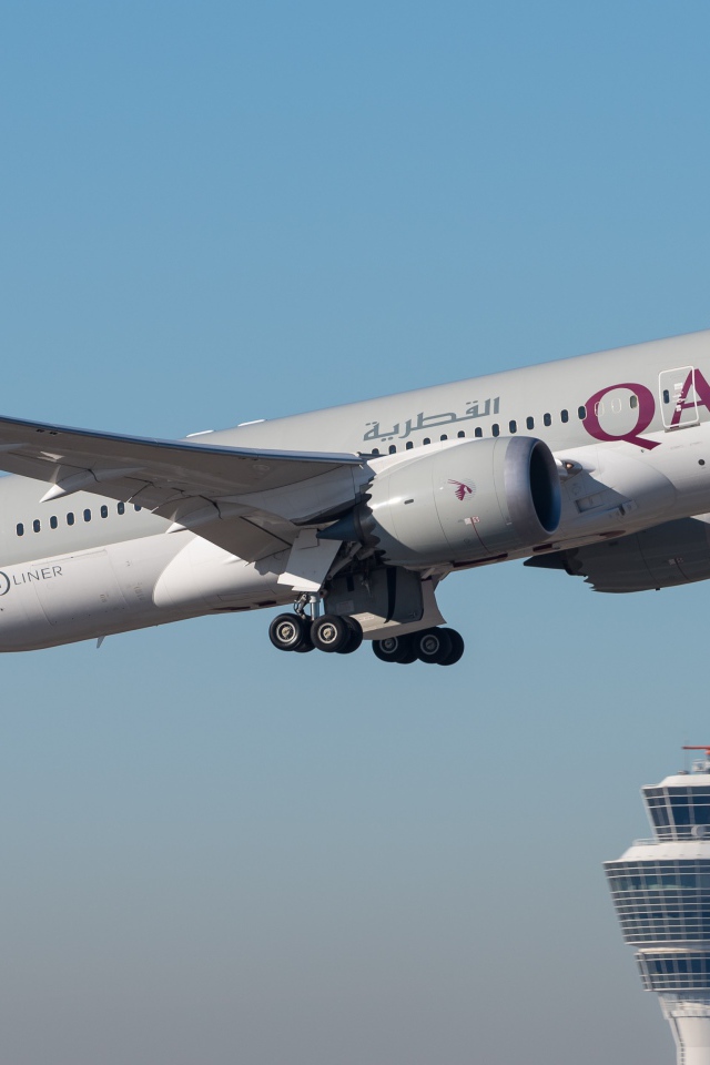 Аэробус авиакомпании Qatar летит в небе