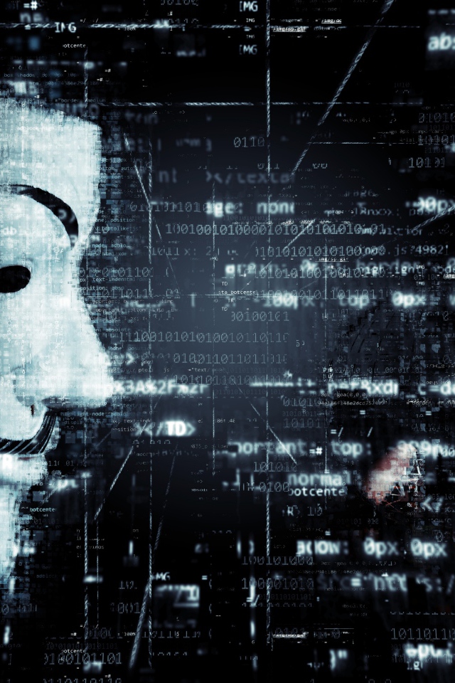 Маска хакера анонимуса на фоне числового кода