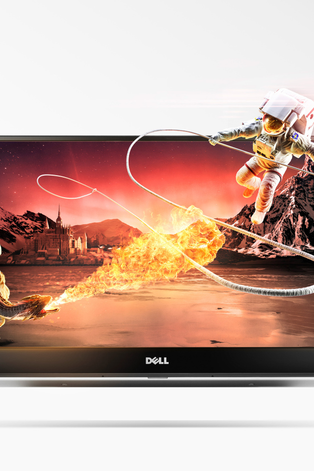 Дракон и астронавт вылетают из ноутбука Dell на белом фоне