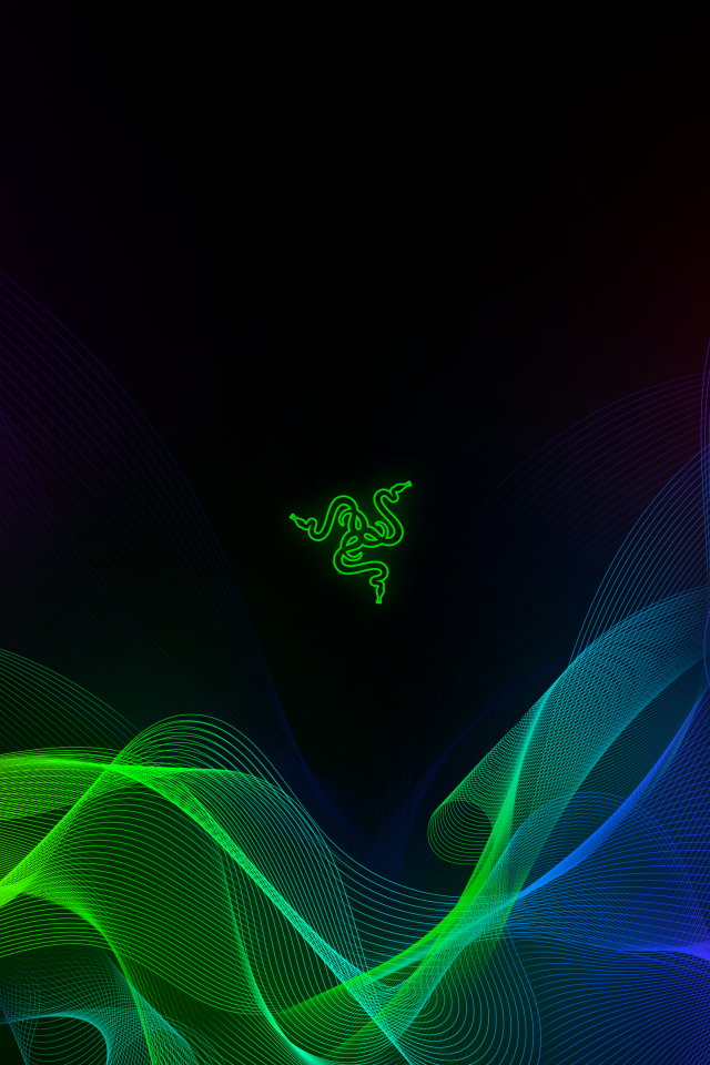Зеленый логотип  Razer на черном фоне с разноцветной абстракцией