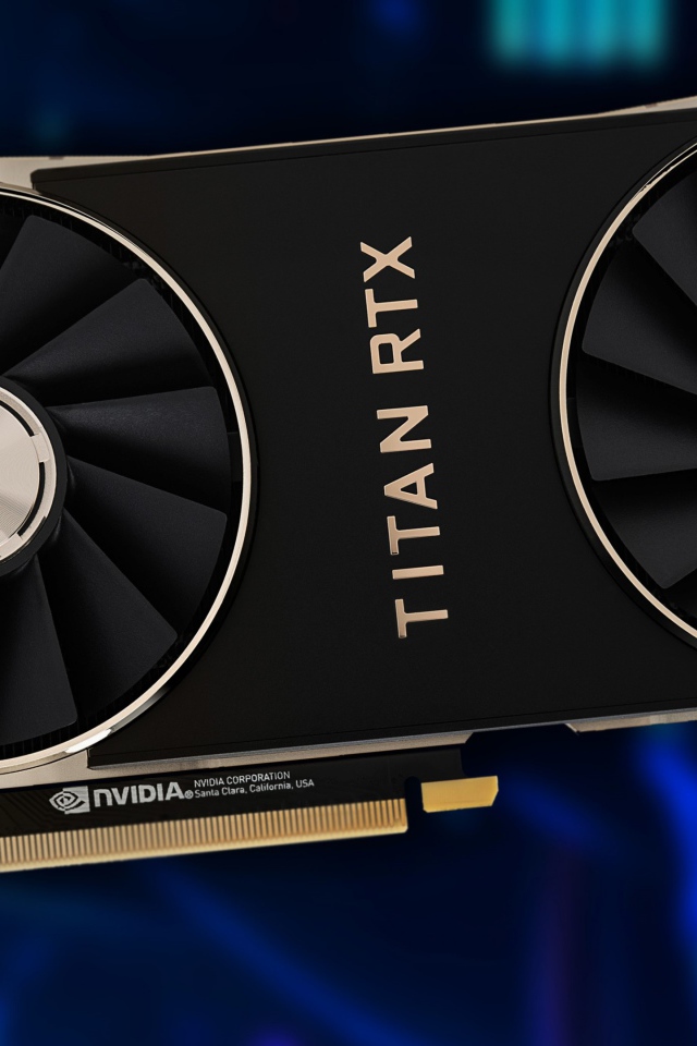 Новая видеокарта Nvidia Titan RTX на синем фоне крупным планом