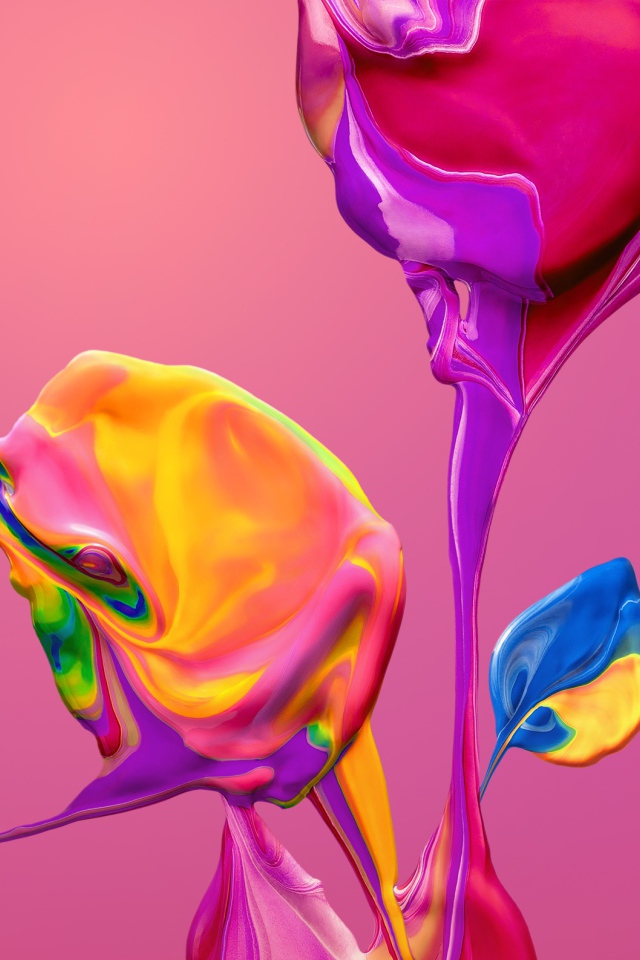 Разноцветные краски смешиваются на розовом фоне