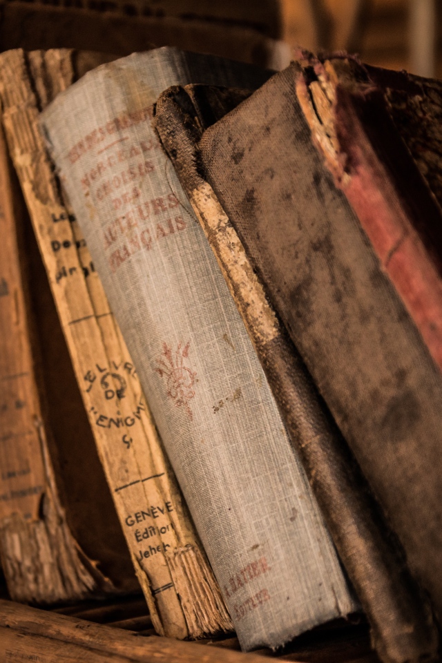 Старые потрепанные книги лежат на полке