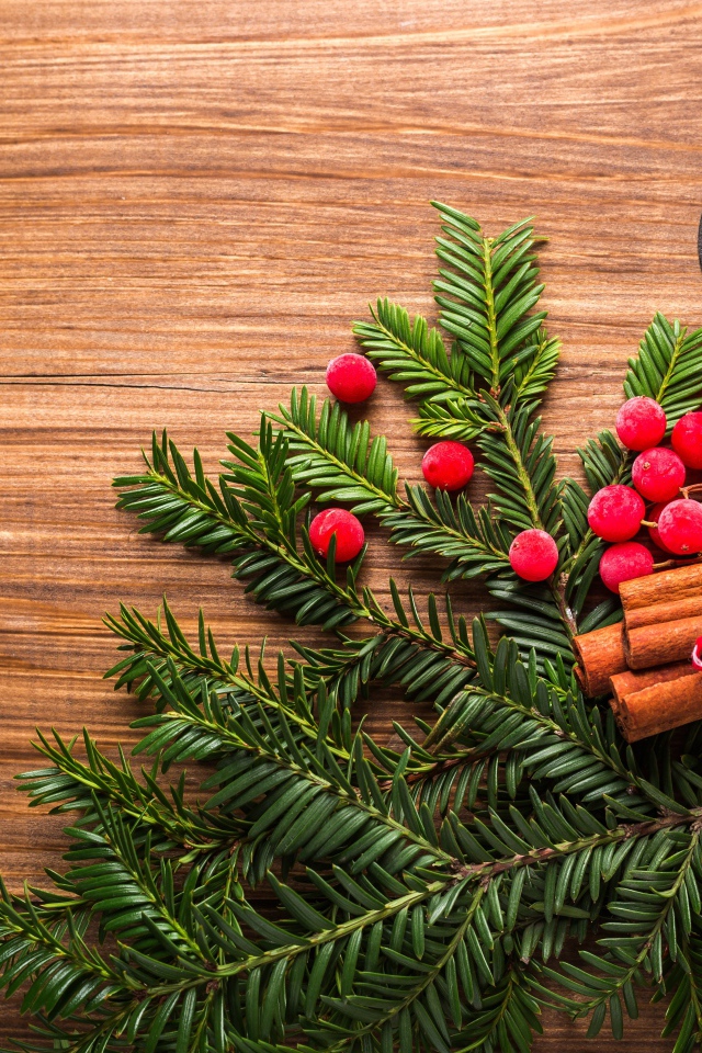Еловая ветка, корица, ягоды рябины и шишки на деревянном фоне