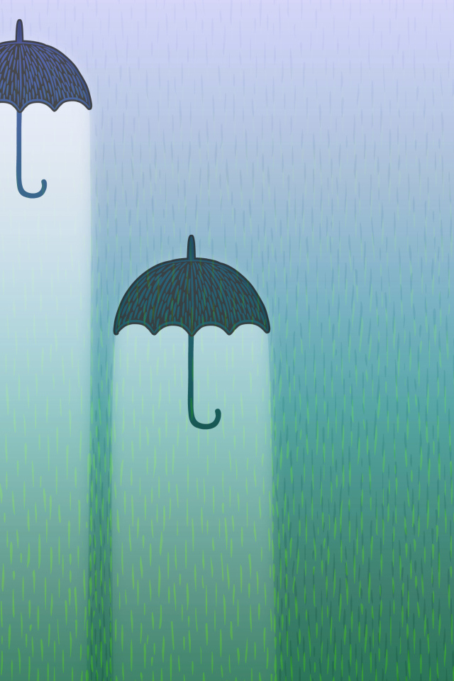 Три черных зонтика со светом на фоне дождя