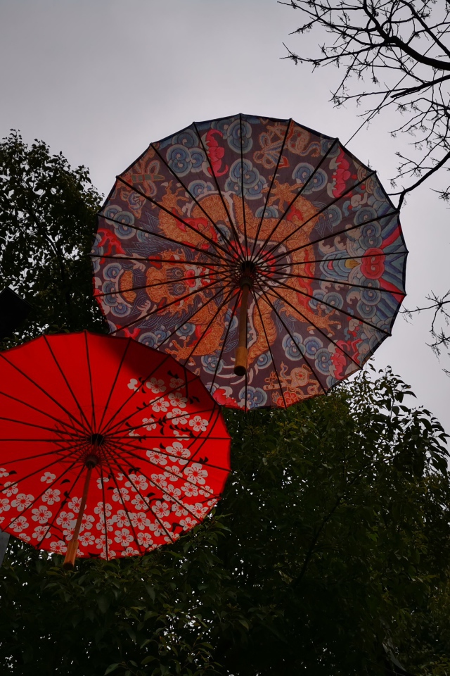 Два разноцветных японских зонтика на фоне неба