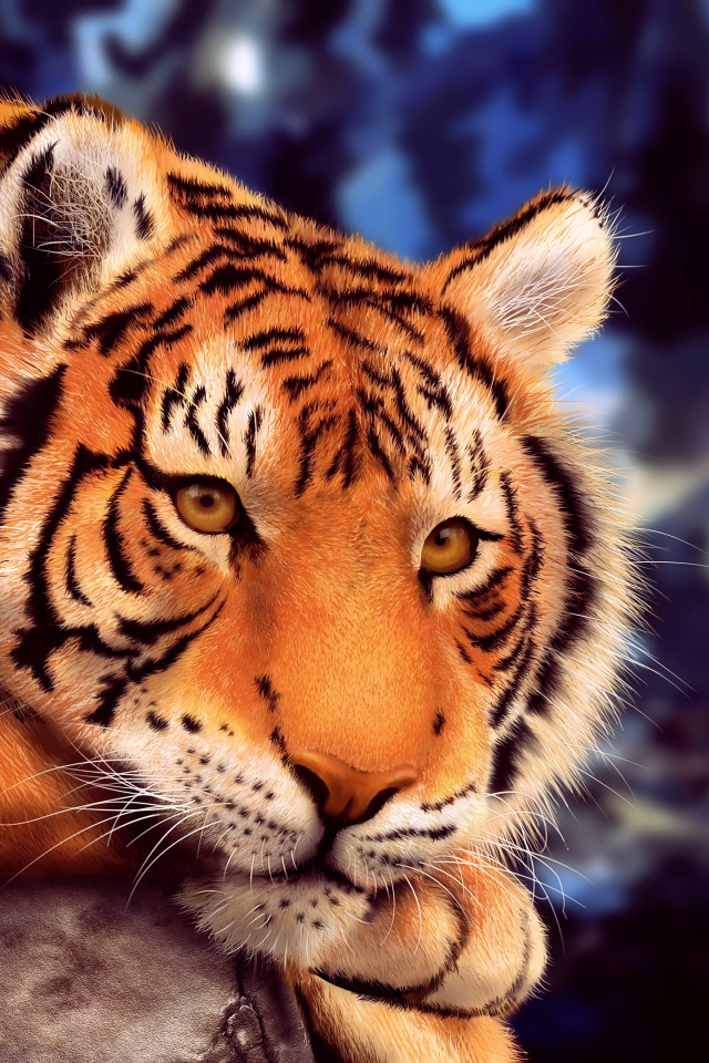 Большой нарисованный тигр лежит на камне