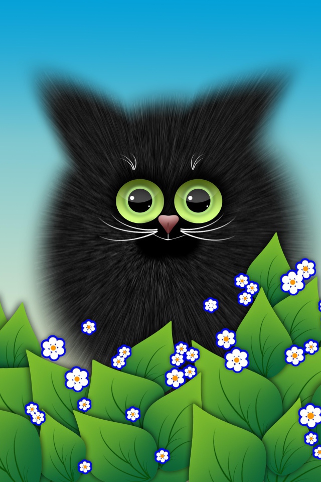 Черный котенок с зелеными листьями векторный рисунок