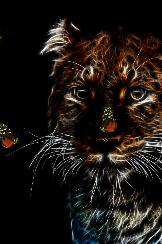 Нарисованный неоновый леопард с бабочками на черном фоне