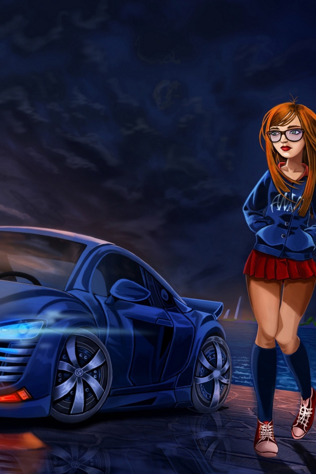 Painted girl in a short skirt at the car Audi