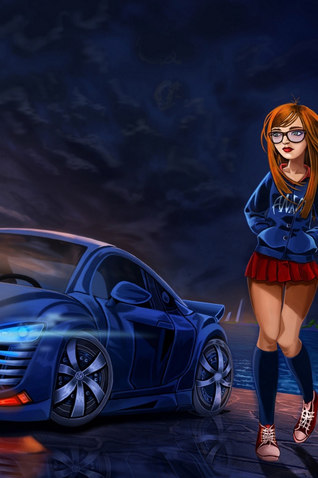 Нарисованная девушка в короткой юбке у автомобиля ауди