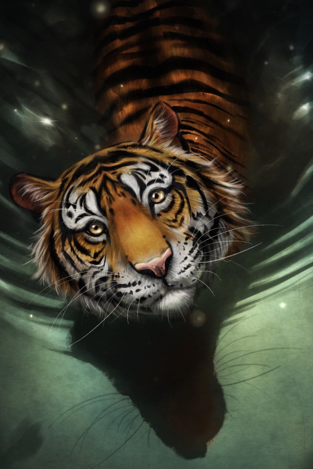 Нарисованный полосатый тигр стоит в воде