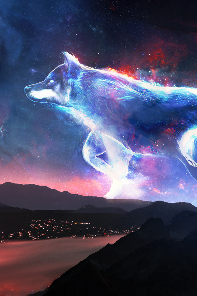 Большой фантастический неоновый волк в небе, фэнтези