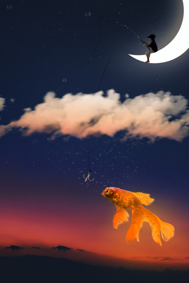 Мальчик на месяце ловит золотую рыбку фэнтези