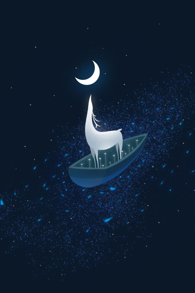 Фантастический олень на лодке у месяца на синем фоне