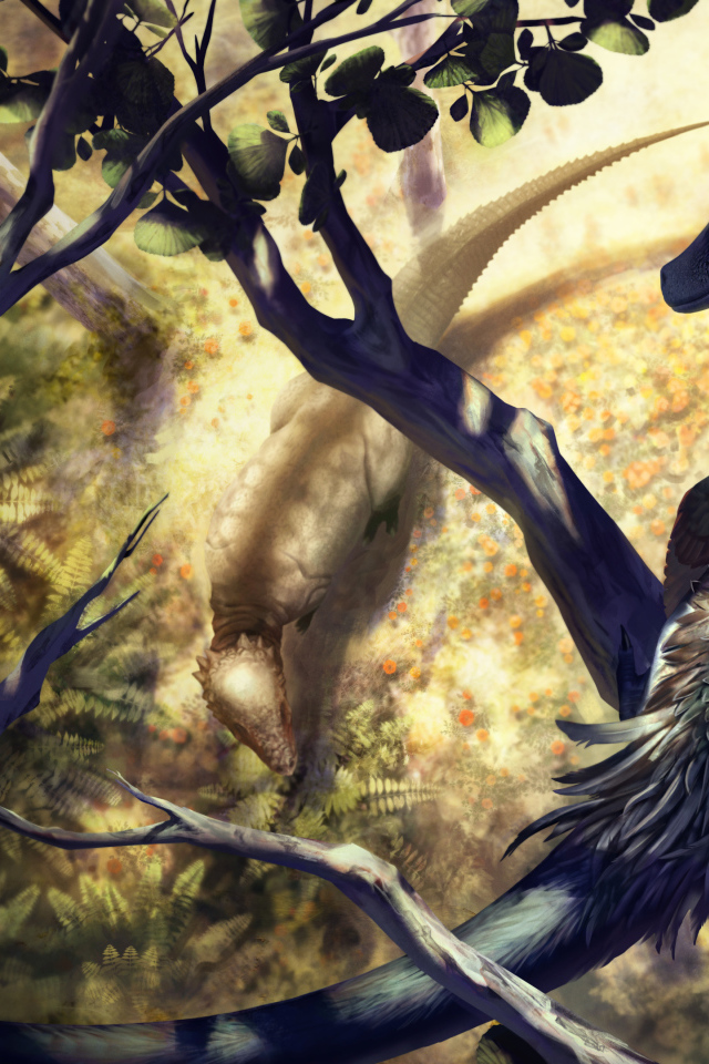 Фантастический дракон сидит на ветке 