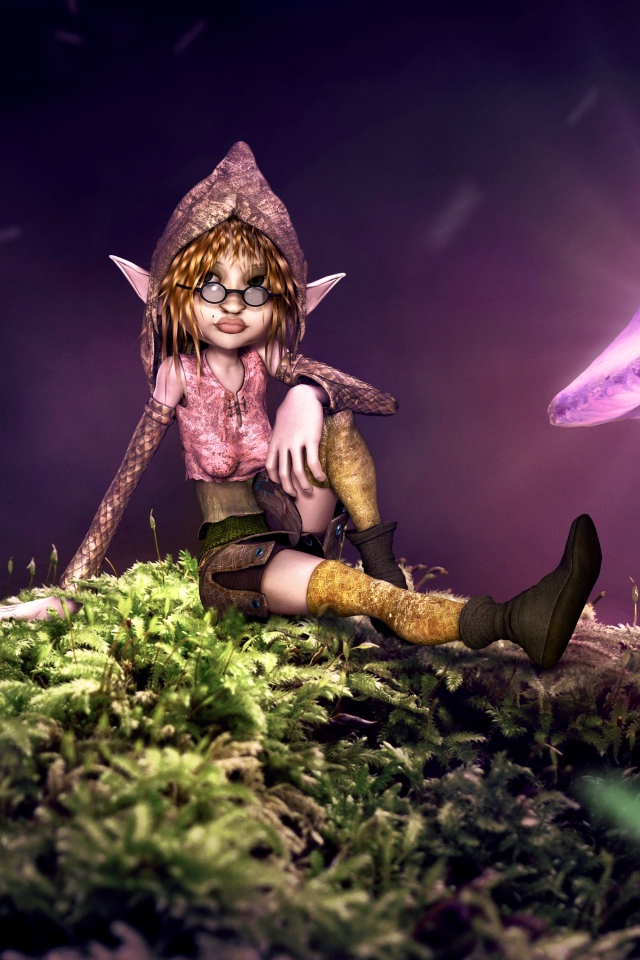 Фантастический эльф сидит на покрытой мхом земле с неоновыми грибами