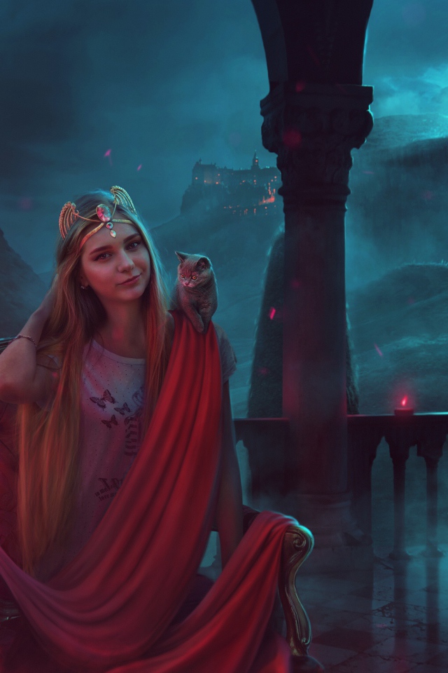 Фантастическая девушка с серым котенком на плече