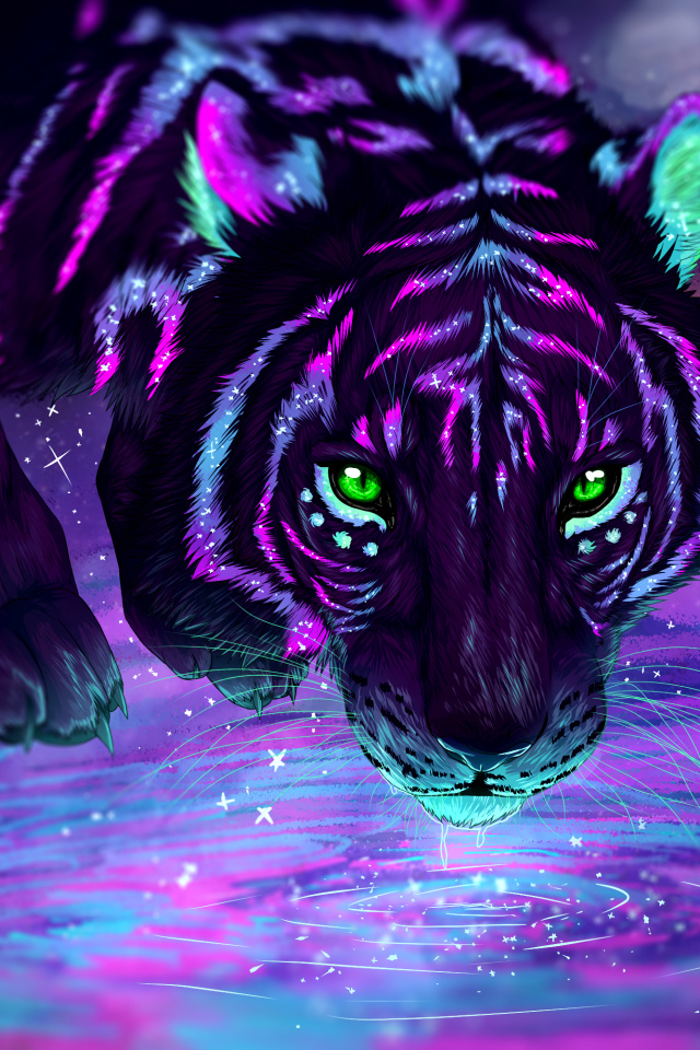 Фантастический неоновый тигр пьет воду